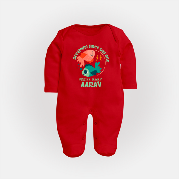 Dreaming Since Day One Pisces Baby Sleepsuit / Full Sleeve Bodysuit | Personalized Pisces Sleepsuit / Full Sleeve Bodysuit for Your Dreamy Baby - RED - New Born (Chest 7.5")