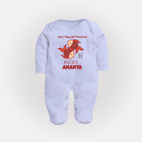 Tears Today, Art Tomorrow Pisces Baby Sleepsuit / Full Sleeve Bodysuit | Custom Pisces Sleepsuit / Full Sleeve Bodysuit for Your Artistic Baby - BABY BLUE - New Born (Chest 7.5")