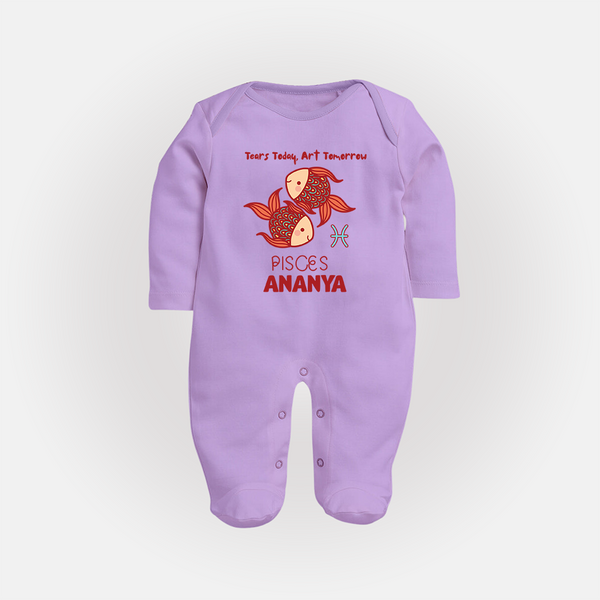 Tears Today, Art Tomorrow Pisces Baby Sleepsuit / Full Sleeve Bodysuit | Custom Pisces Sleepsuit / Full Sleeve Bodysuit for Your Artistic Baby - LILAC - New Born (Chest 7.5")