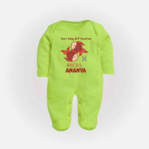Tears Today, Art Tomorrow Pisces Baby Sleepsuit / Full Sleeve Bodysuit | Custom Pisces Sleepsuit / Full Sleeve Bodysuit for Your Artistic Baby - LIME GREEN - New Born (Chest 7.5")