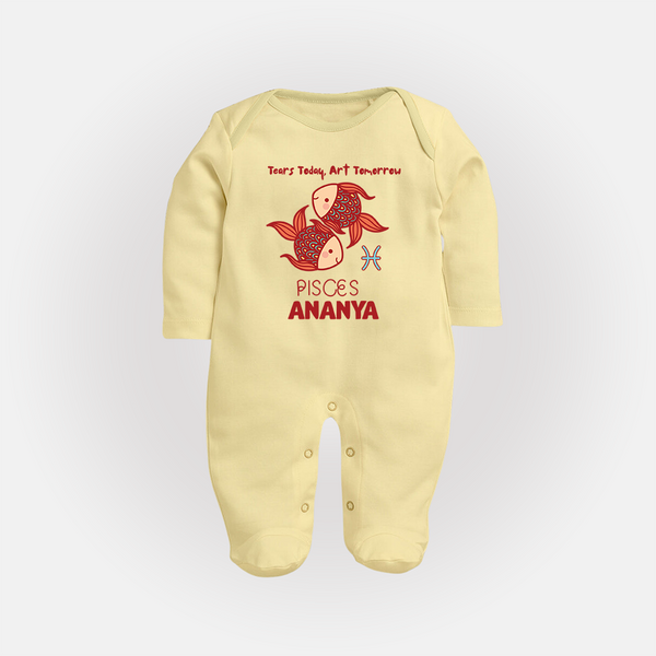 Tears Today, Art Tomorrow Pisces Baby Sleepsuit / Full Sleeve Bodysuit | Custom Pisces Sleepsuit / Full Sleeve Bodysuit for Your Artistic Baby - PASTEL YELLOW - New Born (Chest 7.5")