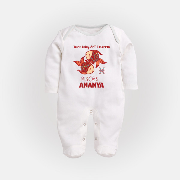 Tears Today, Art Tomorrow Pisces Baby Sleepsuit / Full Sleeve Bodysuit | Custom Pisces Sleepsuit / Full Sleeve Bodysuit for Your Artistic Baby - WHITE - New Born (Chest 7.5")