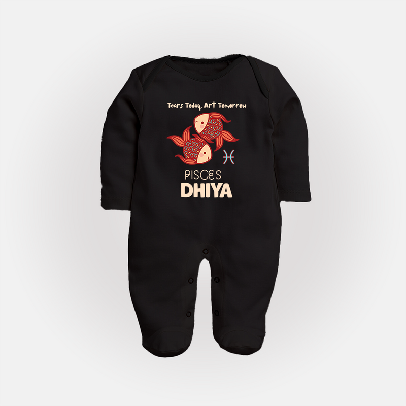 Tears Today, Art Tomorrow Pisces Baby Sleepsuit / Full Sleeve Bodysuit | Custom Pisces Sleepsuit / Full Sleeve Bodysuit for Your Artistic Baby - BLACK - New Born (Chest 7.5")