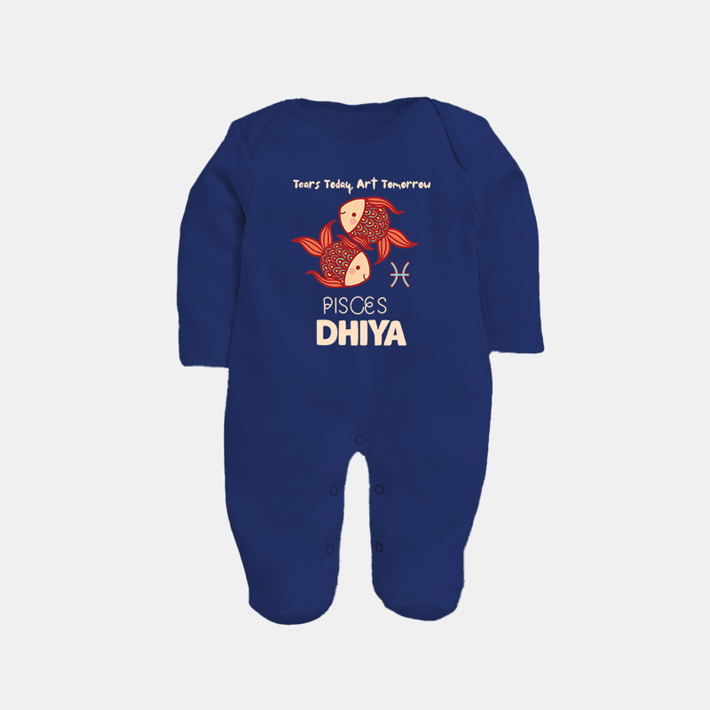 Tears Today, Art Tomorrow Pisces Baby Sleepsuit / Full Sleeve Bodysuit | Custom Pisces Sleepsuit / Full Sleeve Bodysuit for Your Artistic Baby - NAVY BLUE - New Born (Chest 7.5")