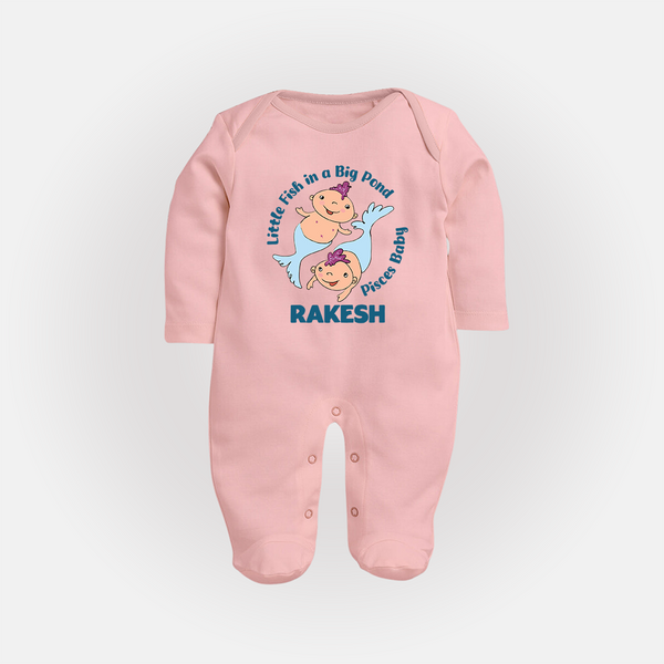 Little Fish In A Big Pond Pisces Baby Sleepsuit / Full Sleeve Bodysuit | Personalized Pisces Sleepsuit / Full Sleeve Bodysuit for Your Little Explorer - BABY PINK - New Born (Chest 7.5")