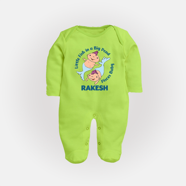 Little Fish In A Big Pond Pisces Baby Sleepsuit / Full Sleeve Bodysuit | Personalized Pisces Sleepsuit / Full Sleeve Bodysuit for Your Little Explorer - LIME GREEN - New Born (Chest 7.5")