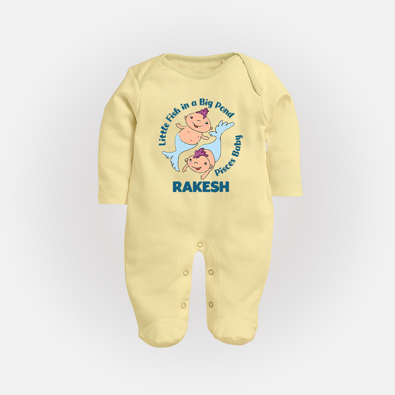 Little Fish In A Big Pond Pisces Baby Sleepsuit / Full Sleeve Bodysuit | Personalized Pisces Sleepsuit / Full Sleeve Bodysuit for Your Little Explorer - PASTEL YELLOW - New Born (Chest 7.5")