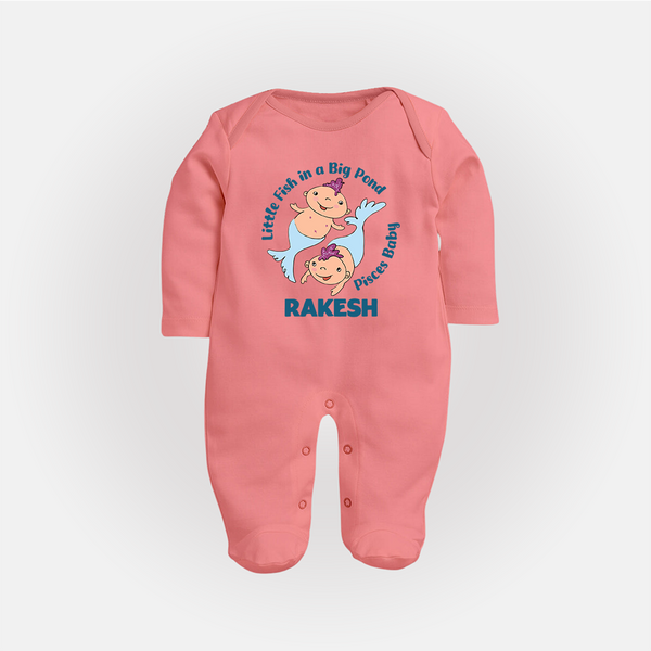 Little Fish In A Big Pond Pisces Baby Sleepsuit / Full Sleeve Bodysuit | Personalized Pisces Sleepsuit / Full Sleeve Bodysuit for Your Little Explorer - PEACH - New Born (Chest 7.5")