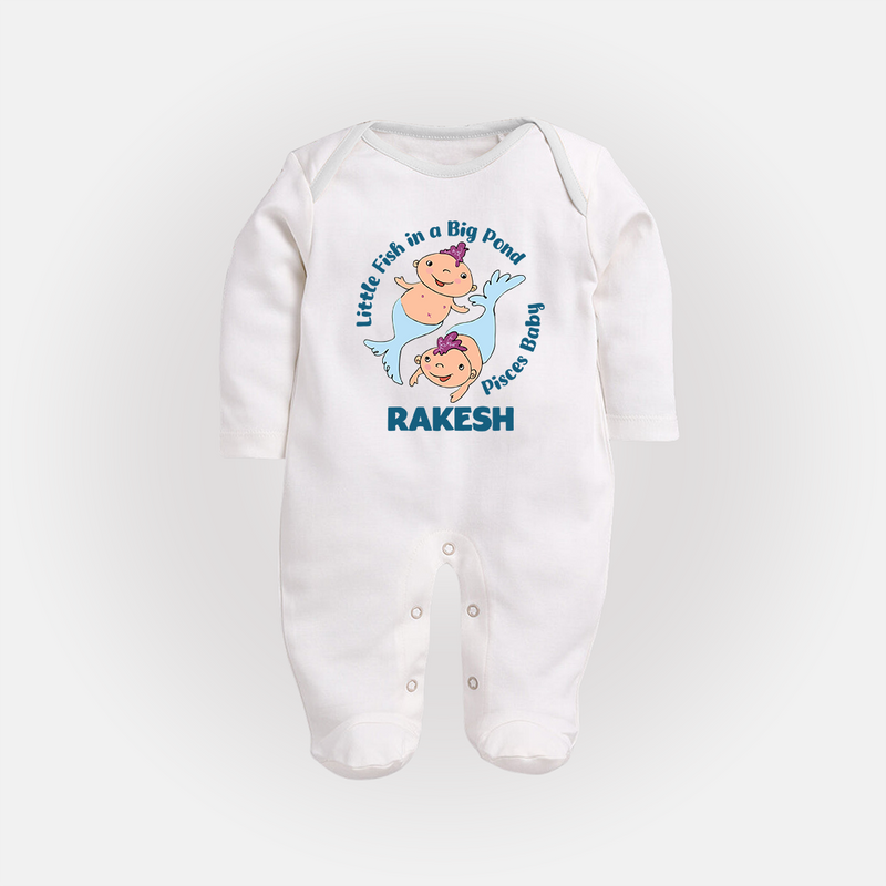 Little Fish In A Big Pond Pisces Baby Sleepsuit / Full Sleeve Bodysuit | Personalized Pisces Sleepsuit / Full Sleeve Bodysuit for Your Little Explorer - WHITE - New Born (Chest 7.5")