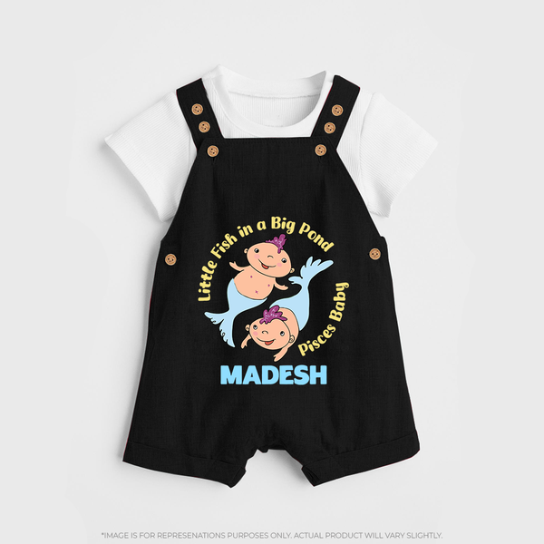 Little Fish In A Big Pond Pisces Baby Dungaree Set | Personalized Pisces Dungaree Set for Your Little Explorer - BLACK - 0 - 5 Months Old (Chest 18")
