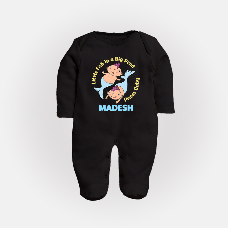 Little Fish In A Big Pond Pisces Baby Sleepsuit / Full Sleeve Bodysuit | Personalized Pisces Sleepsuit / Full Sleeve Bodysuit for Your Little Explorer - BLACK - New Born (Chest 7.5")