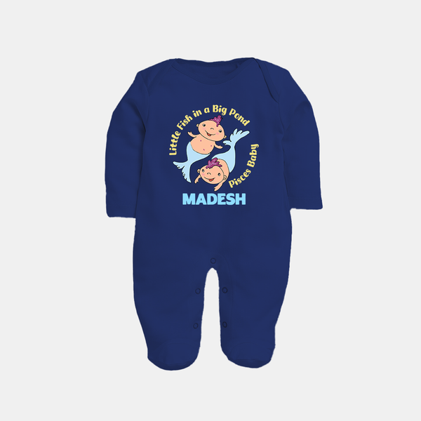 Little Fish In A Big Pond Pisces Baby Sleepsuit / Full Sleeve Bodysuit | Personalized Pisces Sleepsuit / Full Sleeve Bodysuit for Your Little Explorer - NAVY BLUE - New Born (Chest 7.5")
