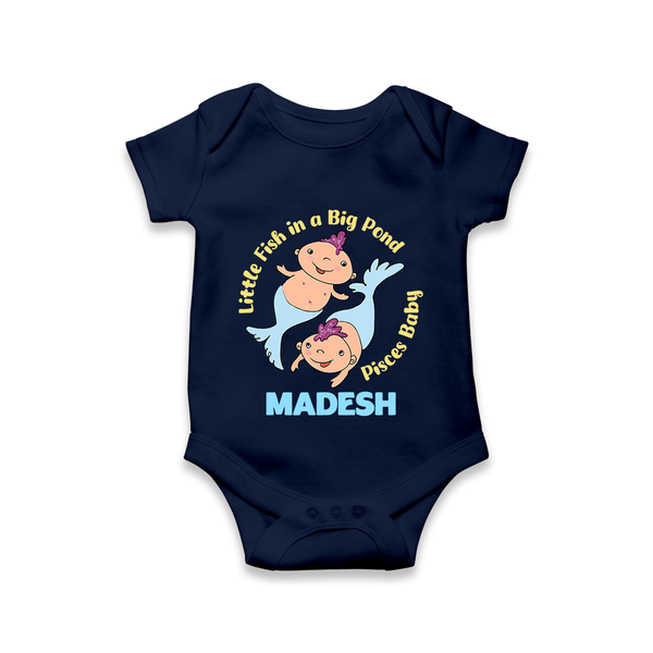 Little Fish In A Big Pond Pisces Baby Romper / Onesie | Personalized Pisces Romper / Onesie for Your Little Explorer - NAVY BLUE - New Born (Chest 14")