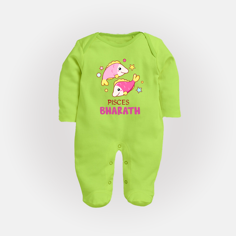 Pisces Baby Sleepsuit / Full Sleeve Bodysuit | Custom Sleepsuit / Full Sleeve Bodysuit for Your Pisces Baby - LIME GREEN - New Born (Chest 7.5")
