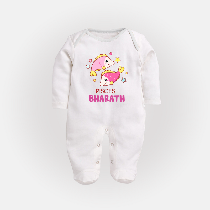 Pisces Baby Sleepsuit / Full Sleeve Bodysuit | Custom Sleepsuit / Full Sleeve Bodysuit for Your Pisces Baby - WHITE - New Born (Chest 7.5")