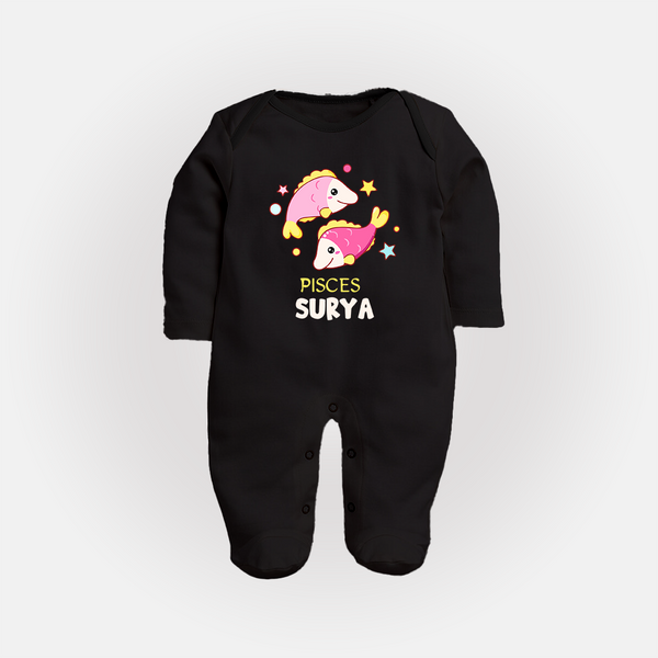 Pisces Baby Sleepsuit / Full Sleeve Bodysuit | Custom Sleepsuit / Full Sleeve Bodysuit for Your Pisces Baby - BLACK - New Born (Chest 7.5")
