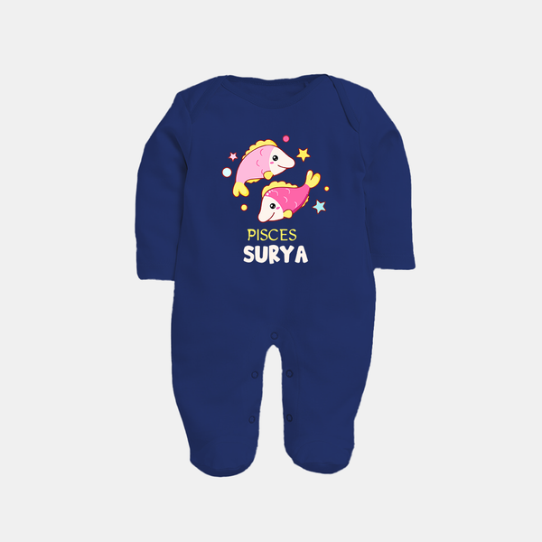 Pisces Baby Sleepsuit / Full Sleeve Bodysuit | Custom Sleepsuit / Full Sleeve Bodysuit for Your Pisces Baby - NAVY BLUE - New Born (Chest 7.5")