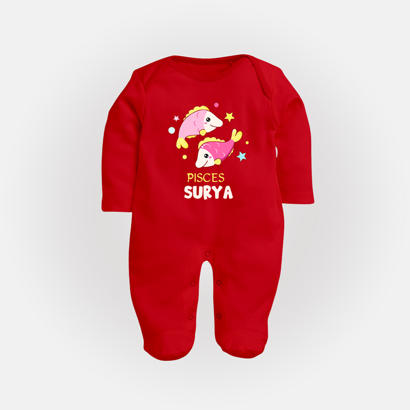 Pisces Baby Sleepsuit / Full Sleeve Bodysuit | Custom Sleepsuit / Full Sleeve Bodysuit for Your Pisces Baby - RED - New Born (Chest 7.5")