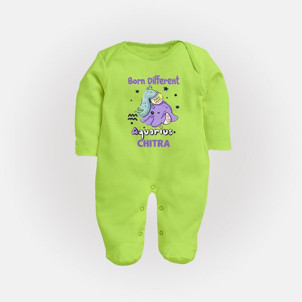 Born Different Aquarius Baby Sleepsuit / Full Sleeve Bodysuit | Personalized Aquarius Sleepsuit / Full Sleeve Bodysuit for Your Unique Baby - LIME GREEN - New Born (Chest 7.5")