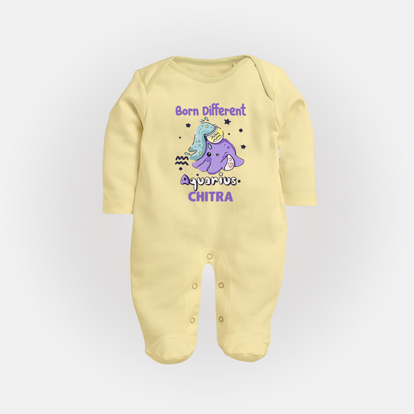 Born Different Aquarius Baby Sleepsuit / Full Sleeve Bodysuit | Personalized Aquarius Sleepsuit / Full Sleeve Bodysuit for Your Unique Baby - PASTEL YELLOW - New Born (Chest 7.5")