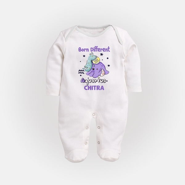 Born Different Aquarius Baby Sleepsuit / Full Sleeve Bodysuit | Personalized Aquarius Sleepsuit / Full Sleeve Bodysuit for Your Unique Baby - WHITE - New Born (Chest 7.5")