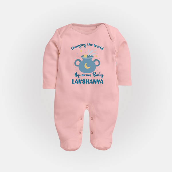 Changing The World Aquarius Baby Sleepsuit / Full Sleeve Bodysuit | Custom Aquarius Sleepsuit / Full Sleeve Bodysuit for Your Future World Changer - BABY PINK - New Born (Chest 7.5")