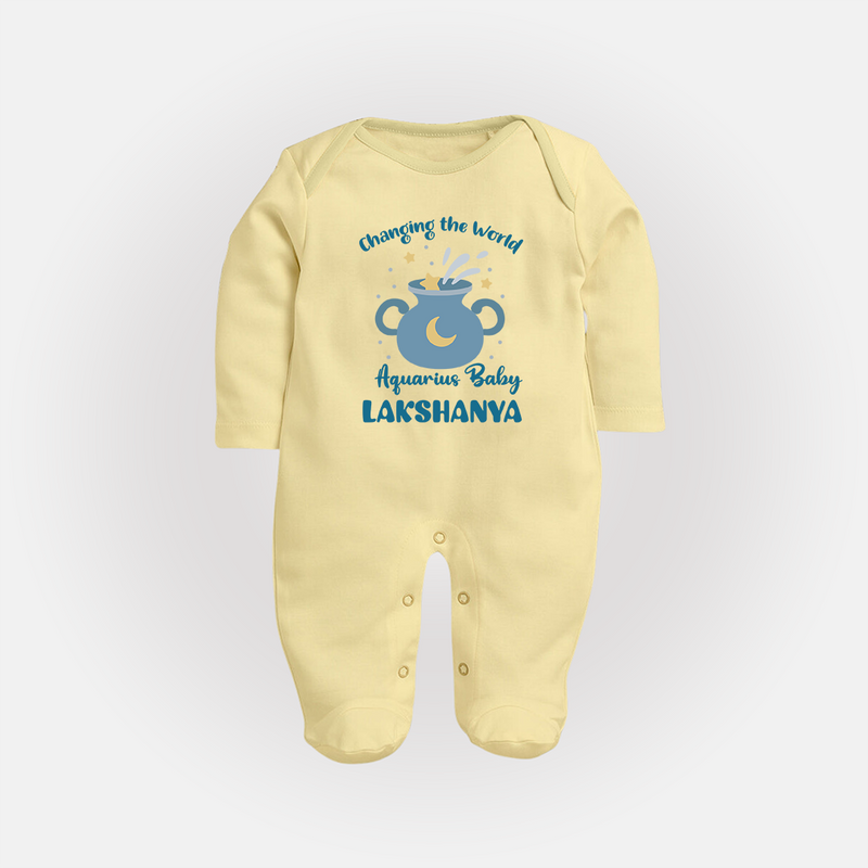 Changing The World Aquarius Baby Sleepsuit / Full Sleeve Bodysuit | Custom Aquarius Sleepsuit / Full Sleeve Bodysuit for Your Future World Changer - PASTEL YELLOW - New Born (Chest 7.5")