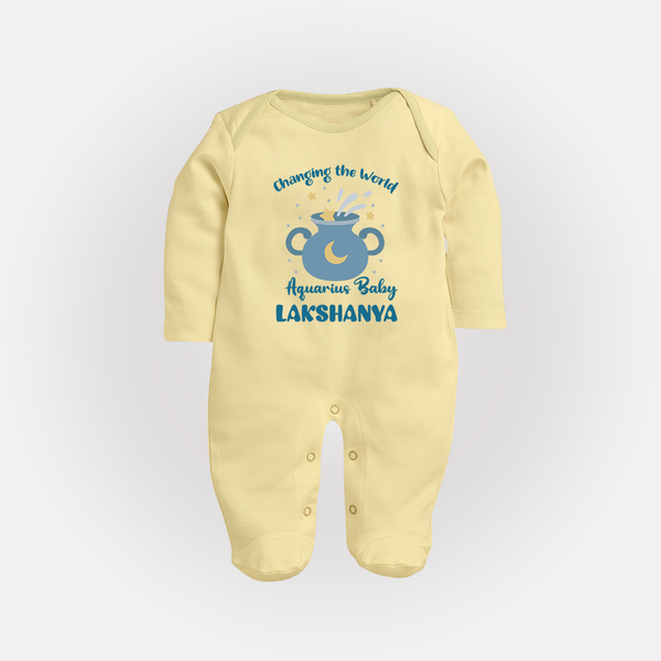 Changing The World Aquarius Baby Sleepsuit / Full Sleeve Bodysuit | Custom Aquarius Sleepsuit / Full Sleeve Bodysuit for Your Future World Changer - PASTEL YELLOW - New Born (Chest 7.5")