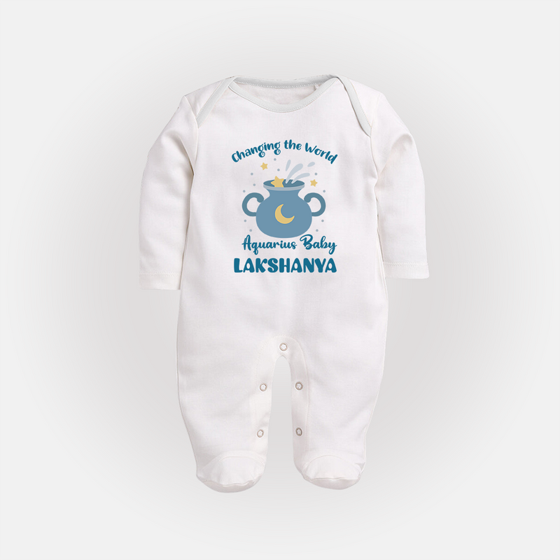 Changing The World Aquarius Baby Sleepsuit / Full Sleeve Bodysuit | Custom Aquarius Sleepsuit / Full Sleeve Bodysuit for Your Future World Changer - WHITE - New Born (Chest 7.5")