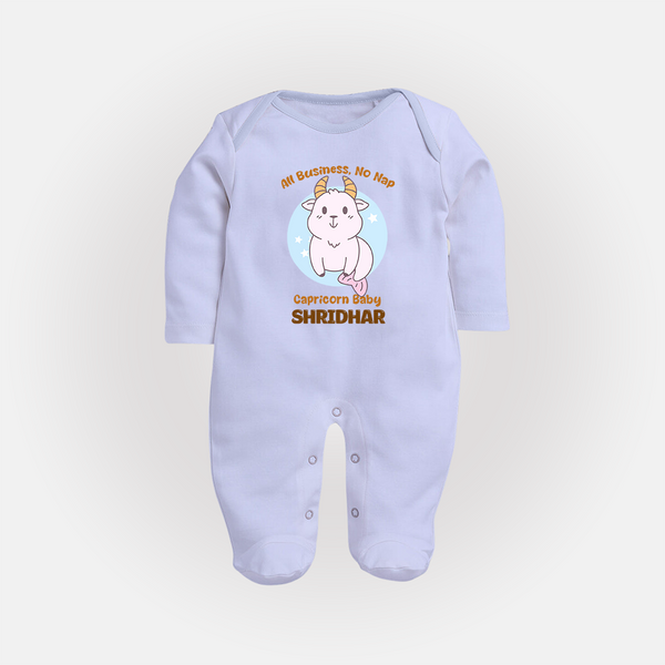 All Business, No Nap Capricorn Baby Sleepsuit / Full Sleeve Bodysuit | Personalized Capricorn Sleepsuit / Full Sleeve Bodysuit for Your Busy Baby - BABY BLUE - New Born (Chest 7.5")