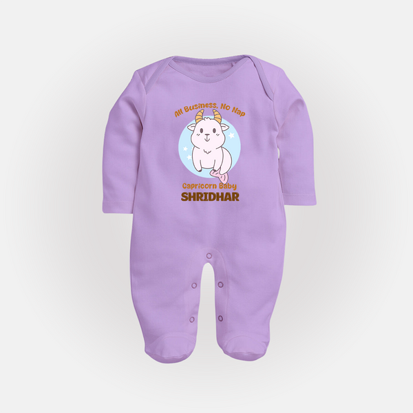 All Business, No Nap Capricorn Baby Sleepsuit / Full Sleeve Bodysuit | Personalized Capricorn Sleepsuit / Full Sleeve Bodysuit for Your Busy Baby - LILAC - New Born (Chest 7.5")