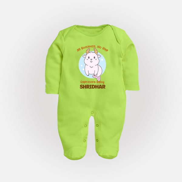 All Business, No Nap Capricorn Baby Sleepsuit / Full Sleeve Bodysuit | Personalized Capricorn Sleepsuit / Full Sleeve Bodysuit for Your Busy Baby - LIME GREEN - New Born (Chest 7.5")