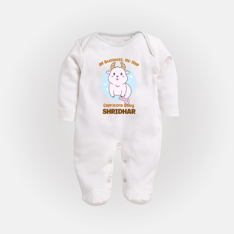 All Business, No Nap Capricorn Baby Sleepsuit / Full Sleeve Bodysuit | Personalized Capricorn Sleepsuit / Full Sleeve Bodysuit for Your Busy Baby - WHITE - New Born (Chest 7.5")