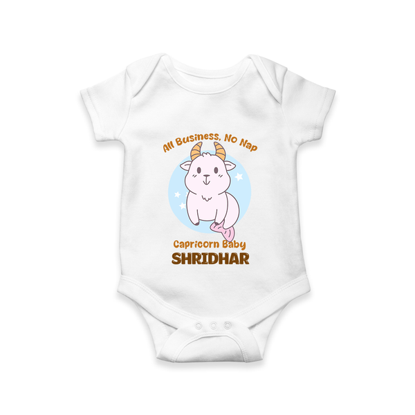 All Business, No Nap Capricorn Baby Romper / Onesie | Personalized Capricorn Romper / Onesie for Your Busy Baby - WHITE - New Born (Chest 14")