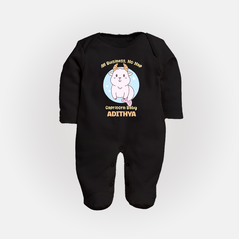 All Business, No Nap Capricorn Baby Sleepsuit / Full Sleeve Bodysuit | Personalized Capricorn Sleepsuit / Full Sleeve Bodysuit for Your Busy Baby - BLACK - New Born (Chest 7.5")