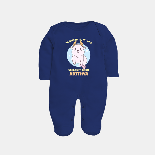 All Business, No Nap Capricorn Baby Sleepsuit / Full Sleeve Bodysuit | Personalized Capricorn Sleepsuit / Full Sleeve Bodysuit for Your Busy Baby - NAVY BLUE - New Born (Chest 7.5")
