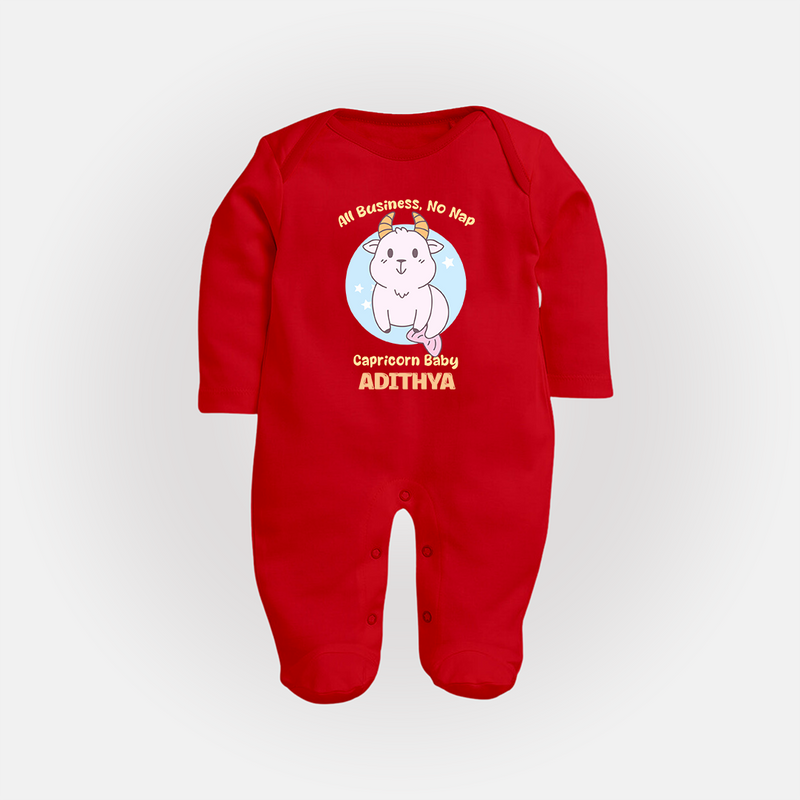 All Business, No Nap Capricorn Baby Sleepsuit / Full Sleeve Bodysuit | Personalized Capricorn Sleepsuit / Full Sleeve Bodysuit for Your Busy Baby - RED - New Born (Chest 7.5")