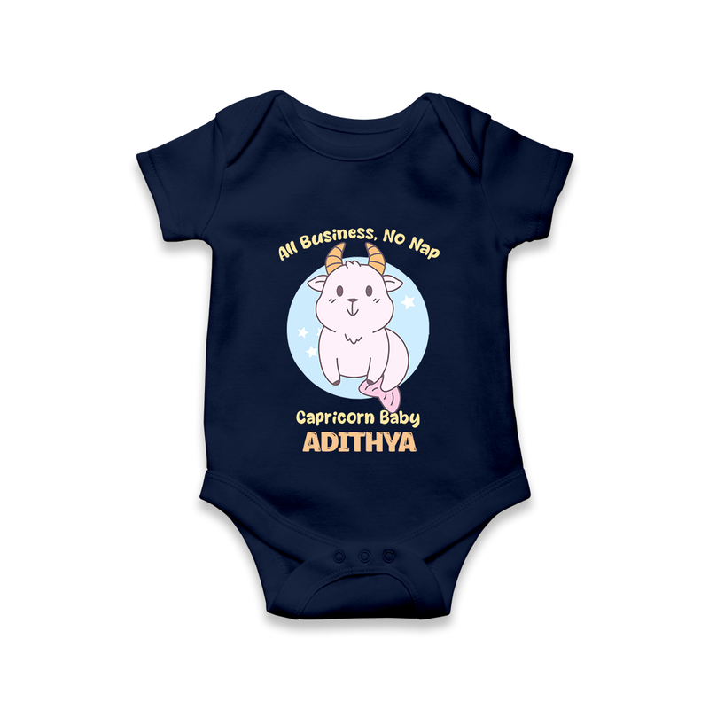 All Business, No Nap Capricorn Baby Romper / Onesie | Personalized Capricorn Romper / Onesie for Your Busy Baby - NAVY BLUE - New Born (Chest 14")