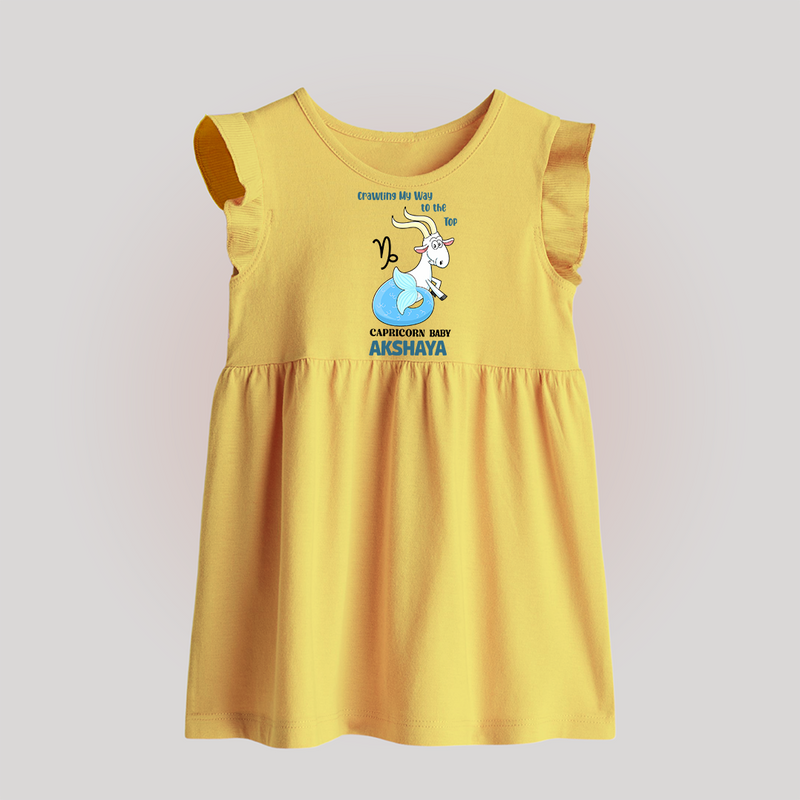 Crawling My Way To The Top Capricorn Baby Frock | Custom Capricorn Baby Frock for Your Little Achiever - PASTEL YELLOW - 0 - 3 Months Old (Chest 17")