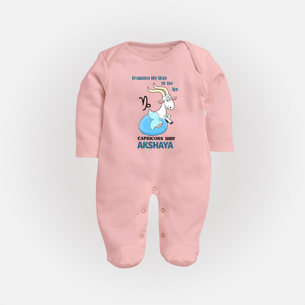 Crawling My Way To The Top Capricorn Baby Sleepsuit / Full Sleeve Bodysuit | Custom Capricorn Sleepsuit / Full Sleeve Bodysuit for Your Little Achiever - BABY PINK - New Born (Chest 7.5")