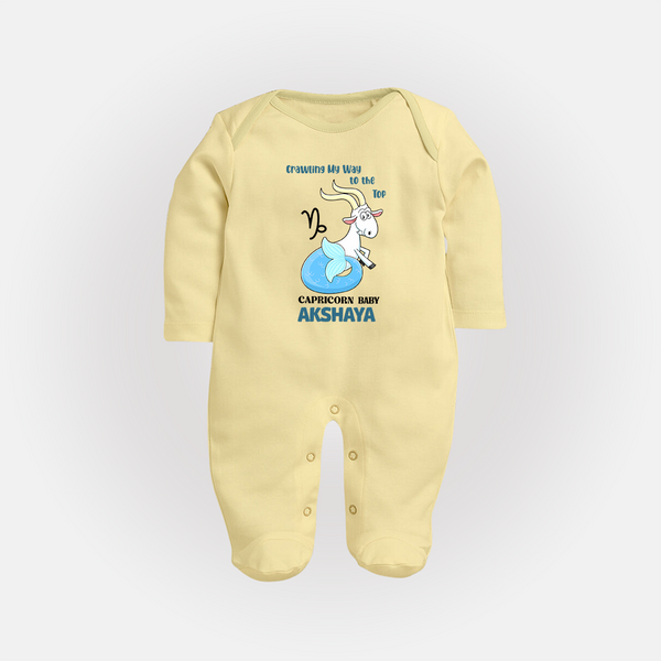 Crawling My Way To The Top Capricorn Baby Sleepsuit / Full Sleeve Bodysuit | Custom Capricorn Sleepsuit / Full Sleeve Bodysuit for Your Little Achiever - PASTEL YELLOW - New Born (Chest 7.5")