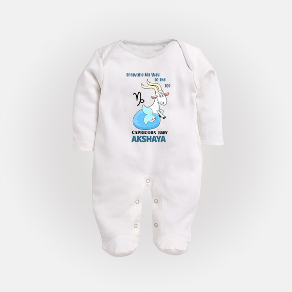Crawling My Way To The Top Capricorn Baby Sleepsuit / Full Sleeve Bodysuit | Custom Capricorn Sleepsuit / Full Sleeve Bodysuit for Your Little Achiever - WHITE - New Born (Chest 7.5")