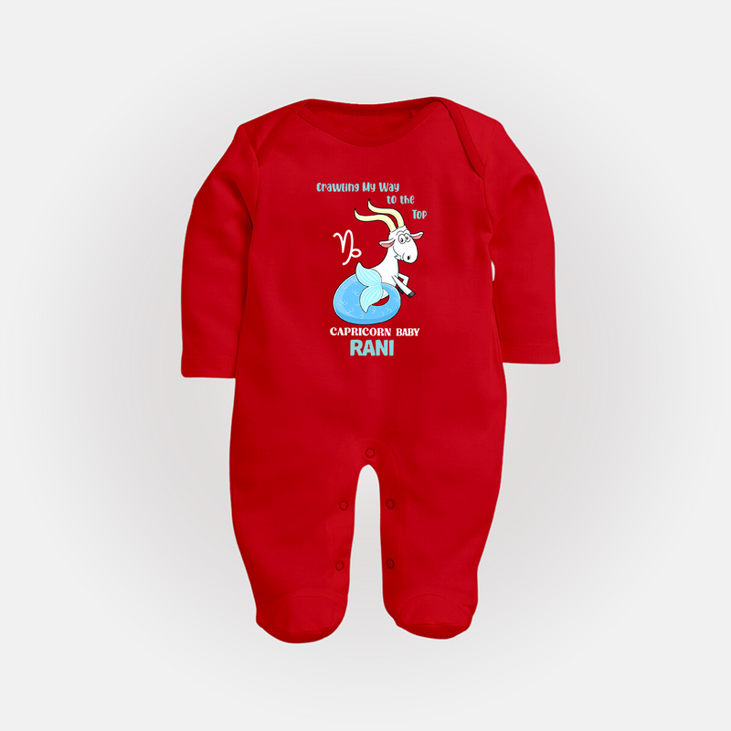 Crawling My Way To The Top Capricorn Baby Sleepsuit / Full Sleeve Bodysuit | Custom Capricorn Sleepsuit / Full Sleeve Bodysuit for Your Little Achiever - RED - New Born (Chest 7.5")