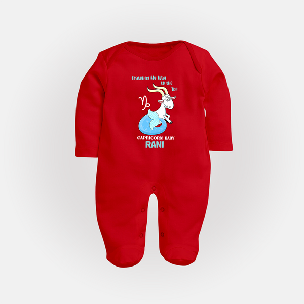 Crawling My Way To The Top Capricorn Baby Sleepsuit / Full Sleeve Bodysuit | Custom Capricorn Sleepsuit / Full Sleeve Bodysuit for Your Little Achiever - RED - New Born (Chest 7.5")