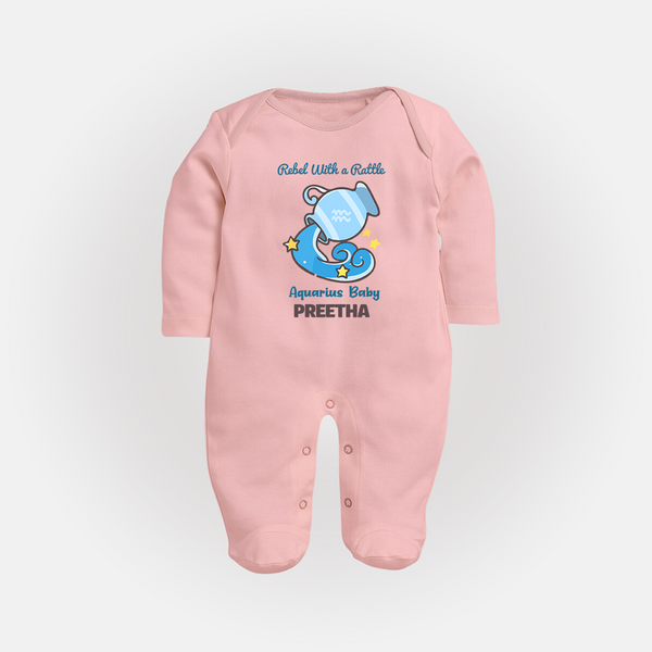 Rebel With A Rattle Aquarius Baby Sleepsuit / Full Sleeve Bodysuit | Personalized Aquarius Sleepsuit / Full Sleeve Bodysuit for Your Rebellious Baby - BABY PINK - New Born (Chest 7.5")
