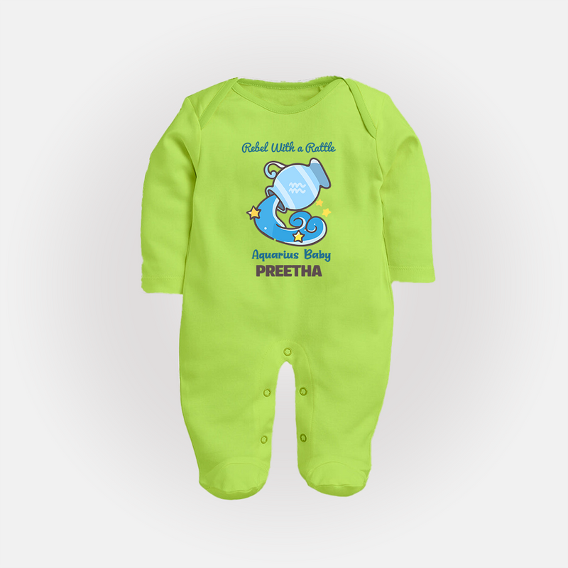 Rebel With A Rattle Aquarius Baby Sleepsuit / Full Sleeve Bodysuit | Personalized Aquarius Sleepsuit / Full Sleeve Bodysuit for Your Rebellious Baby - LIME GREEN - New Born (Chest 7.5")