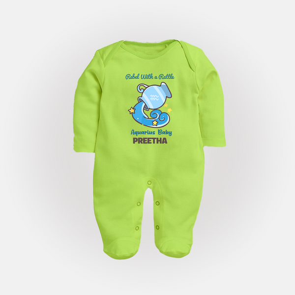 Rebel With A Rattle Aquarius Baby Sleepsuit / Full Sleeve Bodysuit | Personalized Aquarius Sleepsuit / Full Sleeve Bodysuit for Your Rebellious Baby - LIME GREEN - New Born (Chest 7.5")