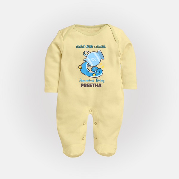 Rebel With A Rattle Aquarius Baby Sleepsuit / Full Sleeve Bodysuit | Personalized Aquarius Sleepsuit / Full Sleeve Bodysuit for Your Rebellious Baby - PASTEL YELLOW - New Born (Chest 7.5")