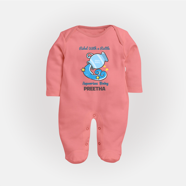 Rebel With A Rattle Aquarius Baby Sleepsuit / Full Sleeve Bodysuit | Personalized Aquarius Sleepsuit / Full Sleeve Bodysuit for Your Rebellious Baby - PEACH - New Born (Chest 7.5")