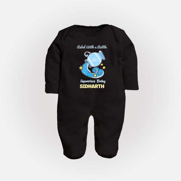 Rebel With A Rattle Aquarius Baby Sleepsuit / Full Sleeve Bodysuit | Personalized Aquarius Sleepsuit / Full Sleeve Bodysuit for Your Rebellious Baby - BLACK - New Born (Chest 7.5")